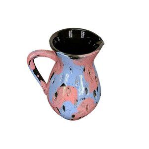 Antique Italian Terracotta Clay Vase/Pitcher Hand-Painted Blue & Pink Polka Dot